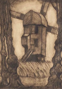 Willy Belling Bockwindmühle Mühle Landschaft signiert Radierung Ende 19 Jhd - Picture 1 of 4