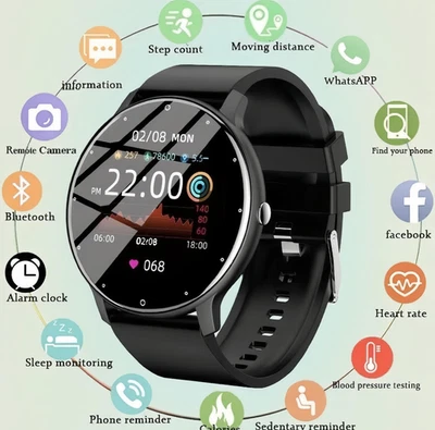 Bluetooth Smartwatch Herren Damen Fitness Tracker Herzfrequenz Pulsuhr Blutdruck - Bild 1 von 4