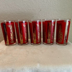 5 Vintage Culver Red Siam Thai Hindu Goddess High Ball Glasses Tumblers 1960s - Picture 1 of 5