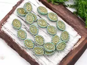 14x11mm Gold Washed Opaque Turquoise Czech Glass Mystic Eye Beads - 10 Beads - Picture 1 of 4