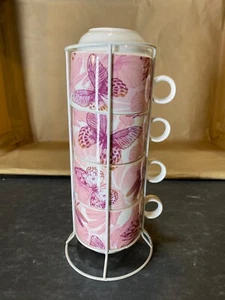 Sweet Living Collection of 4 Coffee Cups with Holder Shades of Pink butterflies - Picture 1 of 8