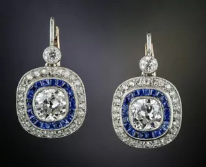 Orecchini pendenti/goccia cocktail art deco 2,67 ct zaffiro bianco e blu argento 925 - Foto 1 di 3