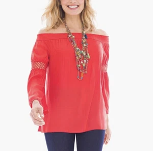 Chico’s Off-the-Shoulder Crochet Detail Top Shirred Neckline Flowy Size 1 (M/8) - Picture 1 of 8