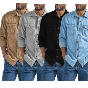 Mens Denim Shirt Long Sleeve Button Down Tops Western Casual Jean Work Shirts - Picture 1 of 17