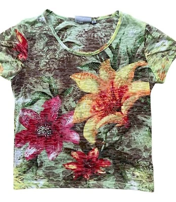 Y2K Coral Bay Top Womens Petite Large Green Floral Rhinetone Cottage Fairy Boho - Image 1 of 4
