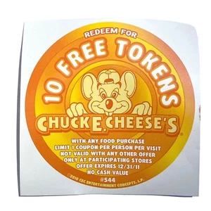 Vintage Chuck E Cheese's Sticker Redeem For 10 Free Tokens 2010 #544 - Picture 1 of 2