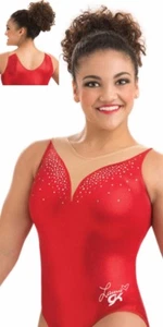 NWT GK Elite Laurie Red Foil Sequin Mesh Trim Gymnastics Leotard Child & Adult - Picture 1 of 2