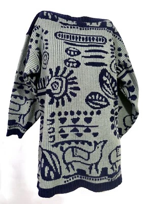 Vintage LeRoy Oversize Acrylic Knit Aztec Tribal Hippy Boho Boat Neck Sweater M - Image 1 of 4