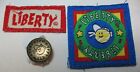 Mixed Lot Of 2 Sew-On Liberty Patches + 1 Silvertone Liberty Metal Stud Button