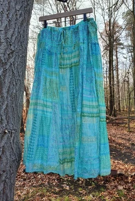 Saia Midi Crinkle Mermaid Smocked 2X David Dart Boho Azul Verde Mistura de Seda XXL - Imagem 1 de 4