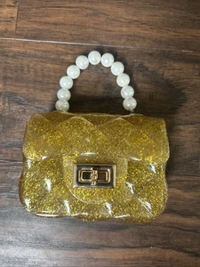 Gold Glitter Jelly Kids Girls Purse Handbag Pearl Strap Dance Fancy - Picture 1 of 8