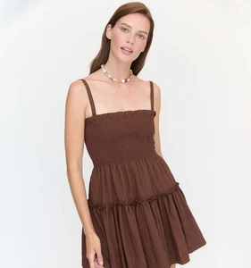 Hill House The Seraphina Mini Nap Dress size M NWT Chocolate Tonal Seersucker - Picture 1 of 10