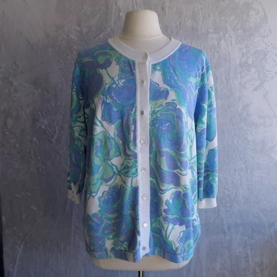 Cárdigan BOB MACKIE Usable Arte Azul Floral Talla XL 3/4 Manga Blanco Contraste Foto 1 de 4