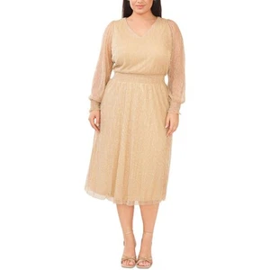 MSK Womens Gold Metallic Midi Smocked Cocktail and Party Dress Plus 3X BHFO 8221 - Picture 1 of 2