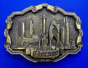 Chicago City Skyline Mokena ILLINOIS State Real Brass VTG 1982 Belt Buckle - Picture 1 of 19