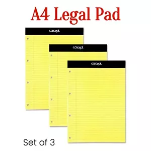 A4 Legal Pad Yellow Feint Ruled Punched Paper Memo Notepad Book Pads Pack of 3 - Picture 1 of 5