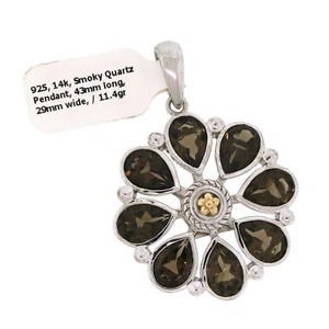 RCI Jewelry 925 Sterling Silver & 14K Yellow Gold Smoky Quartz Flower Pendant - Picture 1 of 3