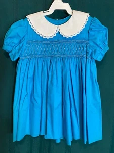 Handmade Girl's Dress Size 3T Blue Hand Smocked White Collar w Lace Short Sleeve - Picture 1 of 19