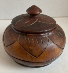Vintage Small Wooden Hand Carved Jar with Lid Trinket Jewelry Box 4” nice detail