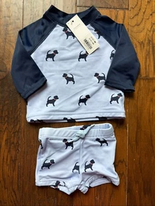 Janie & Jack Boys 0-3M Dog Print 2-Piece Rash Guard Pants Swim Set Blue NWT $49 - Picture 1 of 2