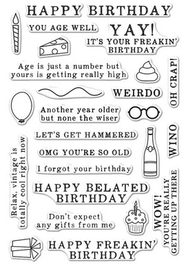 Nuevas estampillas de sentimiento transparentes de polietileno "mensajes de cumpleaños irreverentes" de Hero Arts Foto 1 de 2