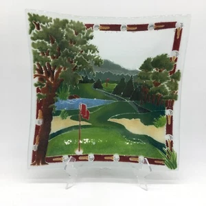 1990’s Artist Peggy Karr Signed Fused Art Glass Golf Scene Square Bowl Red Green - Picture 1 of 6