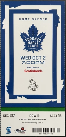 2019 Toronto Maple Leafs NHL Hockey Home Opener Ticket Tavares Named Captain Cover