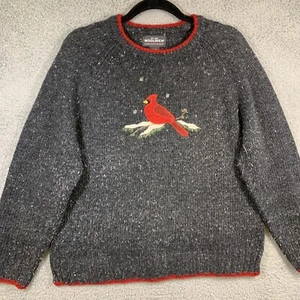Woolrich Women's Wool Sweater Gray Cardinal Print Size M Red Trim Winter - Picture 1 of 12