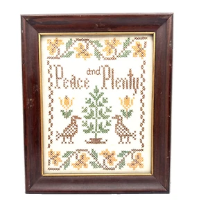 Vintage Glass Framed Cross Stitch Peace And Plenty Hand Made 1960s - Picture 1 of 9
