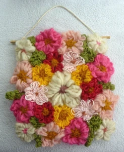 Bright Pink White Green Floral Flower Fiber Art Tapestry Wall Hanging Baby Gift - Picture 1 of 5