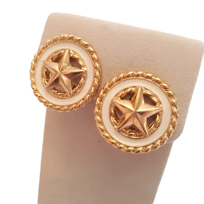 Pendientes de Clip Vintage Monet Star Esmalte Crema Tono Dorado Cuerda Náutica Firmados Foto 1 de 4