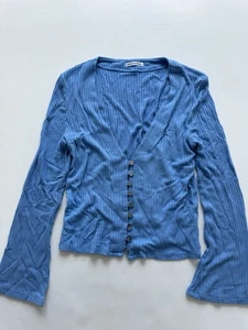Reformation Gellar Long Sleeve V Neck Ribbed Knit Button Top Blue Sweater Large - Picture 1 of 4