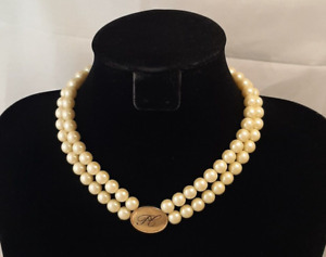 AVON PC Necklace Double String Yellow Faux Pearls Rhinestones Signed