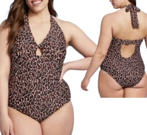 NEW Leopard One Piece Swimsuit 18 W Twist Front Halter Kona Sol Plus Size - Picture 1 of 8