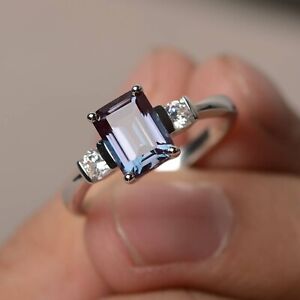 Emerald Cut Alexandrite Promise Ring June Birthstone Solid Silver Color Changing