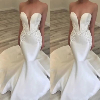 Vestidos de noiva sereia gola V profunda apliques de renda trem varredura vestidos de noiva - Imagem 1 de 4