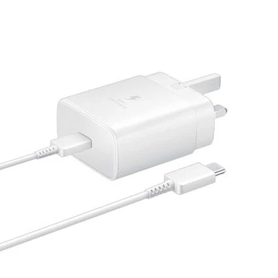 Cargador Original Samsung 45W Súper Rápido Reino Unido Enchufe de Red Cable USB C en Blanco Foto 1 de 4