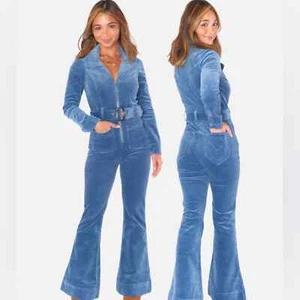Show Me Your Mumu Jumpsuit corduroy navy denim flare groovy pockets long sleeves - Picture 1 of 12