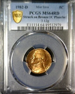 1982d ERROR PCGS MS64 RED Off Metal Jefferson Nickel on Cent Wrong PLANCHET Coin - Picture 1 of 5