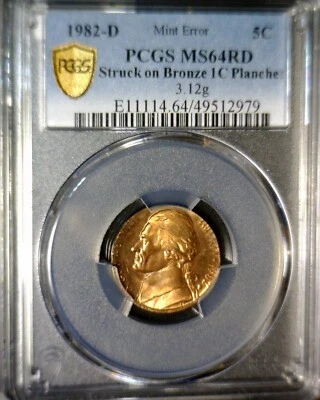 1982d ERROR PCGS MS64 RED Off Metal Jefferson Nickel on Cent Wrong PLANCHET Coin - Image 1 of 4