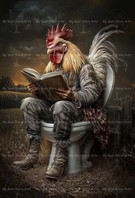 IMPRESIÓN ARTÍSTICA DE BAÑO DE GALLO, decoración de inodoro de pájaro de granja de pollos, póster de granero F178 Foto 1 de 3