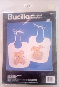 Bucilla Stamped Cross Stitch Kit Bib Pair 1990 Bashful Bunny 40453 - Picture 1 of 2