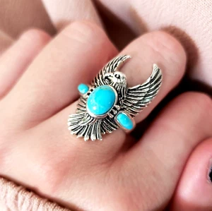 BBJ Southwest Turquoise Eagle Sterling Silver Ring Size 7 Bird Falcon Hawk Boho - Picture 1 of 9