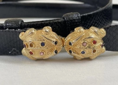 Judith Leiber Black Leather Belt Gold Frogs Buckle Gemstones Size L 30- 36 in - Image 1 of 4