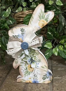 Handcrafted Blue & Yellow Floral Wood Rabbit Easter Decor 9-1/2” X 5-1/2” - Picture 1 of 5