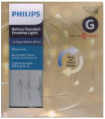 Philip 30ct Natal operado por bateria LED azul branco gota de orvalho luz de corda de fada - Imagem 1 de 4