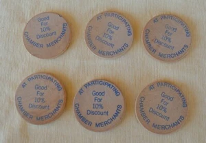 6 Wooden Nickels Good for 10% Discount Participating Chamber Merchant Blue Ink - Picture 1 of 5