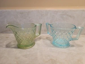 Vintage Imperial Quilted Diamond Style Depression Glass Creamer Sugar Green Blue - Picture 1 of 8