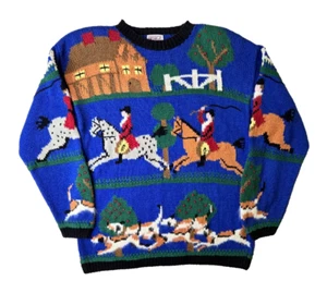 PBJ Sport Fox Hunting Horses Hounds Themed Hand Knit Sweater Womens Medium M - Picture 1 of 9