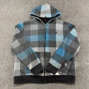 VINTAGE Zoo York Hoodie Mens L Gray Black Blue Plaid Full Zip Sherpa Lined Y2K - Picture 1 of 11